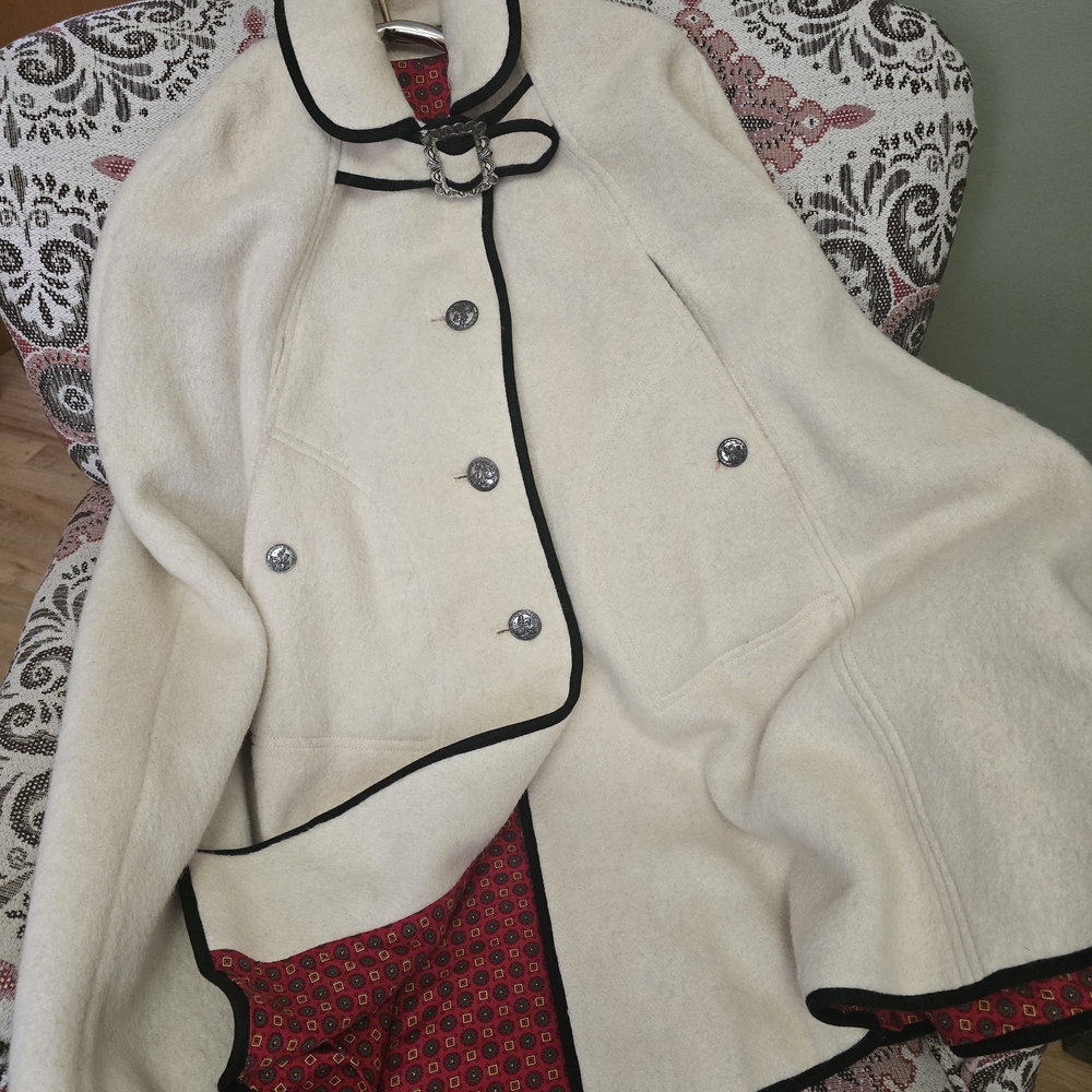 Vintage Wool Cape Coat Cream w/ Black Trim Made in Austria, Edelwise Loden